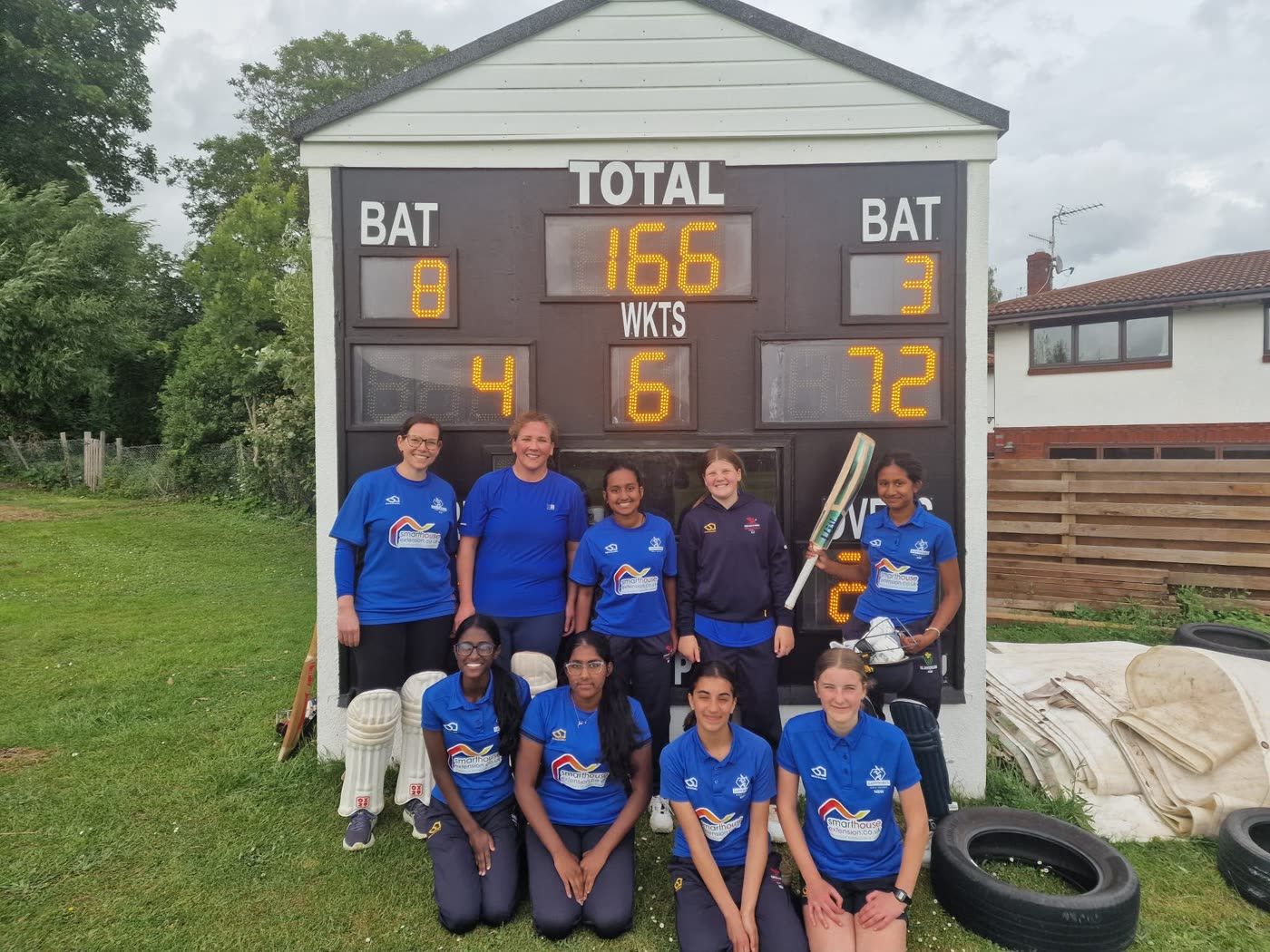 Sapphires players in front of the scoreboard
